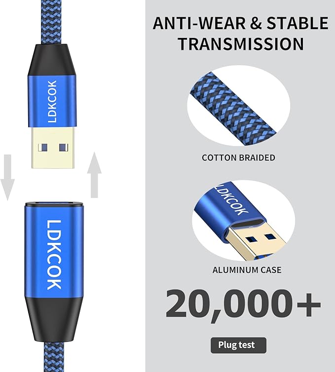 LDKCOK USB to USB Cable 20FT, Durable Braided USB 3.0 Male to Male Type A to Type A Data Transfer Cable, Compatible with Hard Drive, Laptop, DVD Player, TV, USB Hub, Monitor, Camera, Set-Top Box