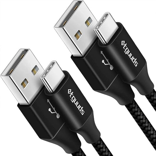 etguuds USB A to USB C Cable 6.6ft, 2-Pack, 3A Fast Charging Type C Charger Cord for iPhone 17 16 15 Pro Max 16e 17 Air, Samsung Galaxy S25 S24 S23 S22 S21 S20 A17 A16 A56 A55 Flip Fold, Black