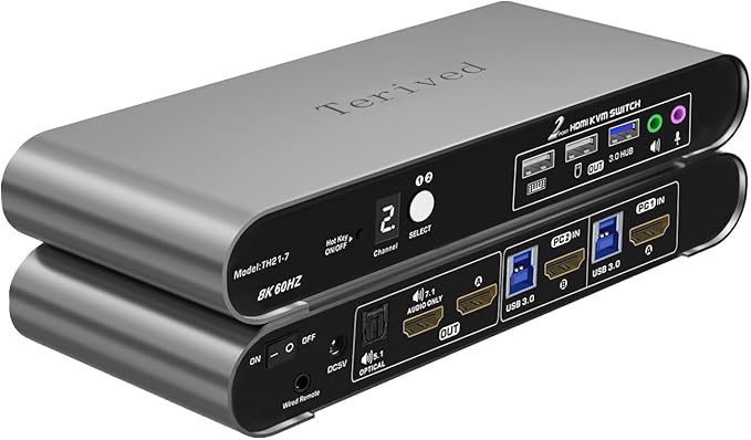 Terived 2 Computers 1 HDMI Monitor Automatic KVM Switch 8K@60Hz, Hotkey Switching, EDID, Support 5.1/7.1 Audio and Microphone, Aluminum Shell with Digital Display, USB 3.0 Hub, HDR10 with Cables