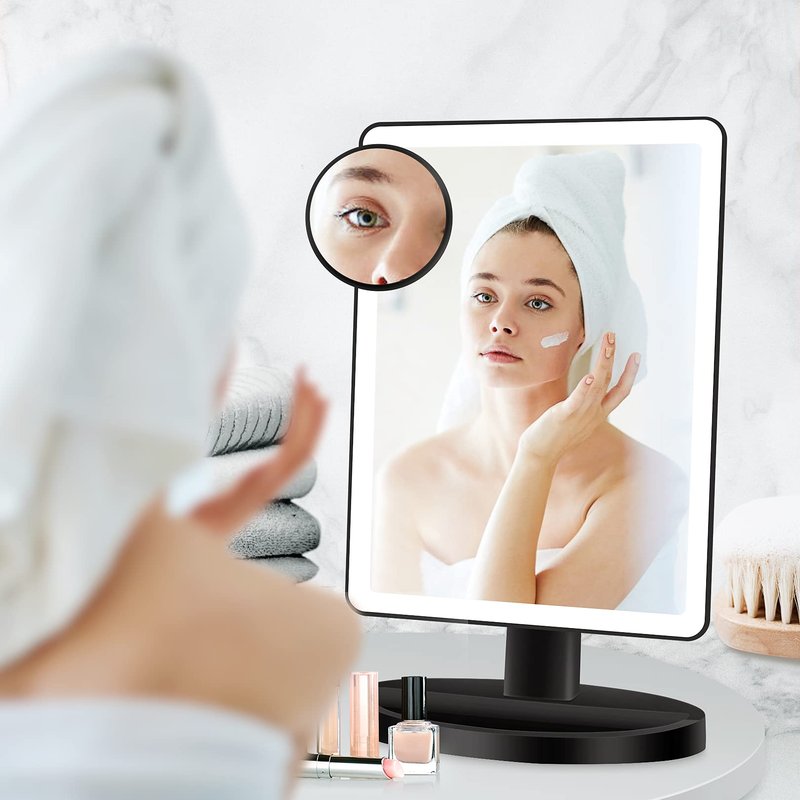 FUNTOUCH Large Lighted Makeup Mirror with Lights, 3 Color Lighting Modes Light Up Mirror with 88 LED, 10X Magnification and 360° Rotation Touch Screen Tabletop Cosmetic Vanity Make Up Mirror (Black)