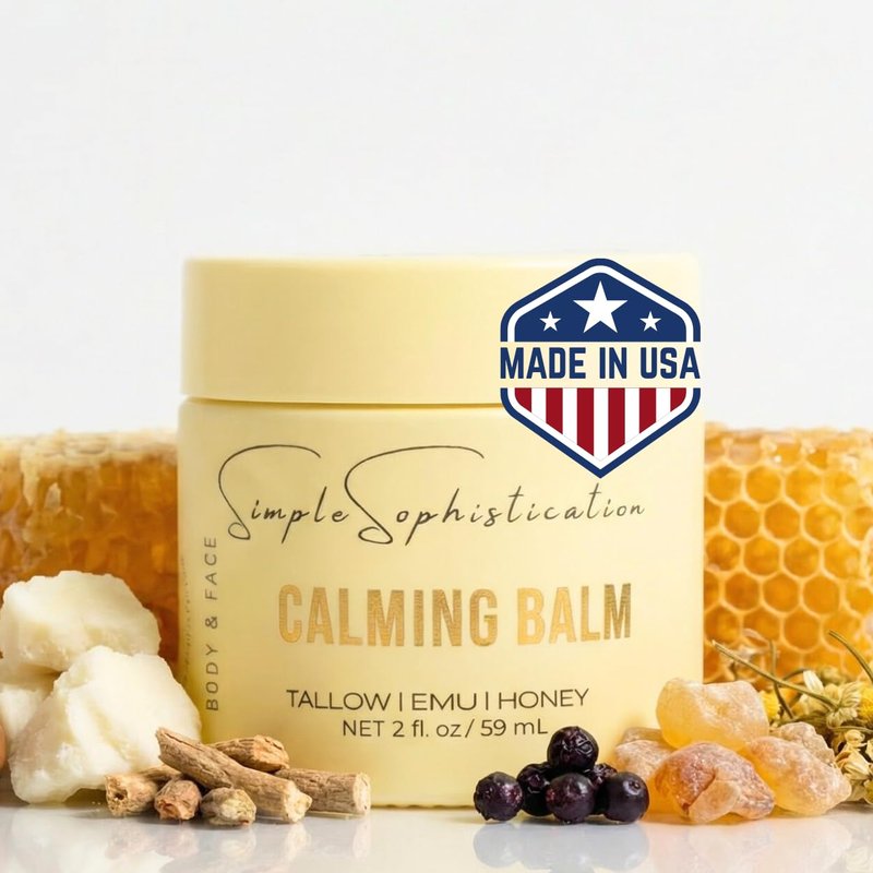 Simple Sophistication Tallow Emu Honey Balm | Nourishing Face & Body Moisturizer with Manuka Honey & Emu Oil, Non-Greasy Natural Skincare (Calming Balm with Ashwagandha + Frankincense)