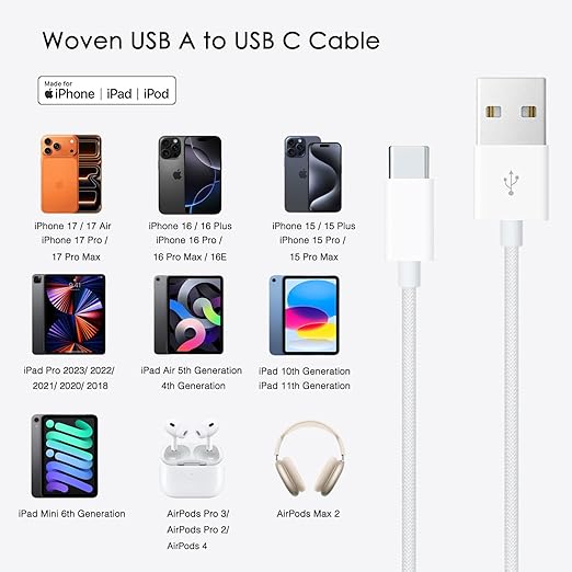 6ft USB A to USB C CarPlay Cable for iPhone 15/16/17, 15 16 17 Pro Max, 15/16 Plus,iPhone 17E/16E,Air,AirPods 4/AirPods Pro (2nd/3rd Gen),iPad 10th Gen, iPad Pro 12.9/11,Air 5th/4th Car Charging Cable