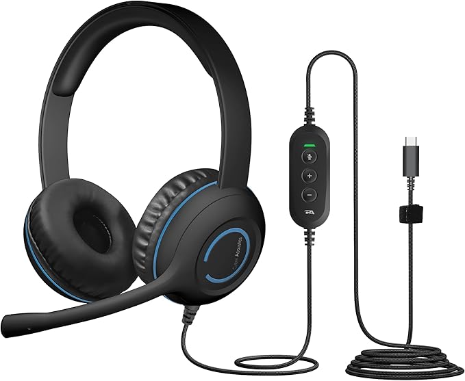 Cyber Acoustics USB-C Headset with Microphone for PC (AC-5014), Wired Computer Headphones with Noise Cancelling Mic, in-Line Volume and Mute Controls. Ideal Headset for Office, Classroom & At Home