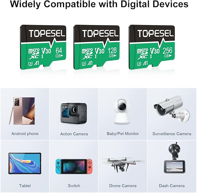 TOPESEL 64GB Micro SD Card 5 Pack, microSDXC UHS-I High Speed TF Card with Adapter, 90MB/s, C10, U3, A1, V30, 4K Recording Memory Card(64GB 5Pack)