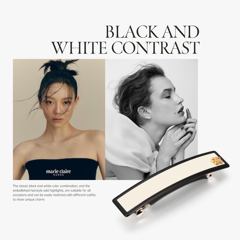 SHE'S FREE STYLE JUST FOR YOU [Chanel-style] Hair Barrette for Women, Acetate Resin Barette, Classic Black & White, French Hair Accessory for Thin Hair, Anti-Slip for Half-Hair (Middle,3.5 inch,1 Pcs)