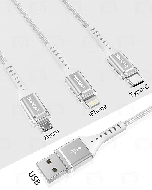 Multi Charging Cable 2Pack 4FT, 3 in 1 Charger Cable Braided Universal Phone Charging Cord with Lightning/Type C/Micro USB Ends, Multiple USB Cable for iPhone/Samsung/Google Cell Phones and More
