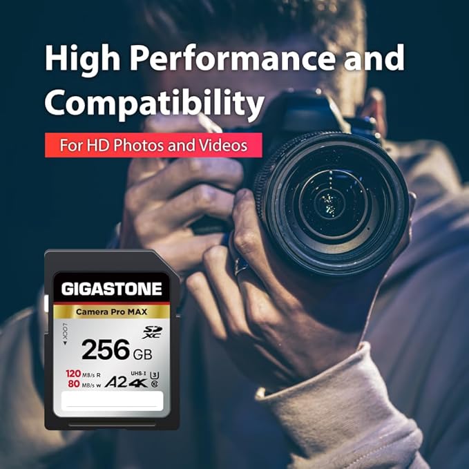 【5-Years Data Recovery】 GIGASTONE 256GB SD Card, 4K Camera Pro MAX, UHS-I A2 4K SDXC Memory Card High Speed 4K UHD Video Compatible with Kodak Digital Camera, with 1 Mini case