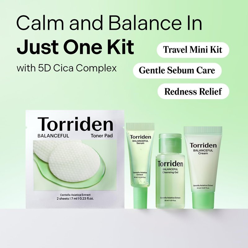 Torriden BALANCEFUL Cica Trial Kit, 5D Cica Infused Daily Skincare Kit - 4 Step Regimen with Cleansing Gel, Toner Pad, Serum, and Cream | Travel Essential | Korean Skin Care Set