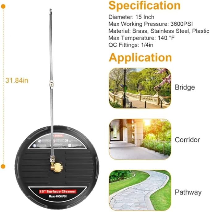 Stainless Stee Power Washer Broom, 15in 4000PSI, Disc Surface Cleaner for Driveways and Decks,Heavy Duty Brass and Stainless Steel Construction,Wide Application,Quick Connect, Power Washer Accessories