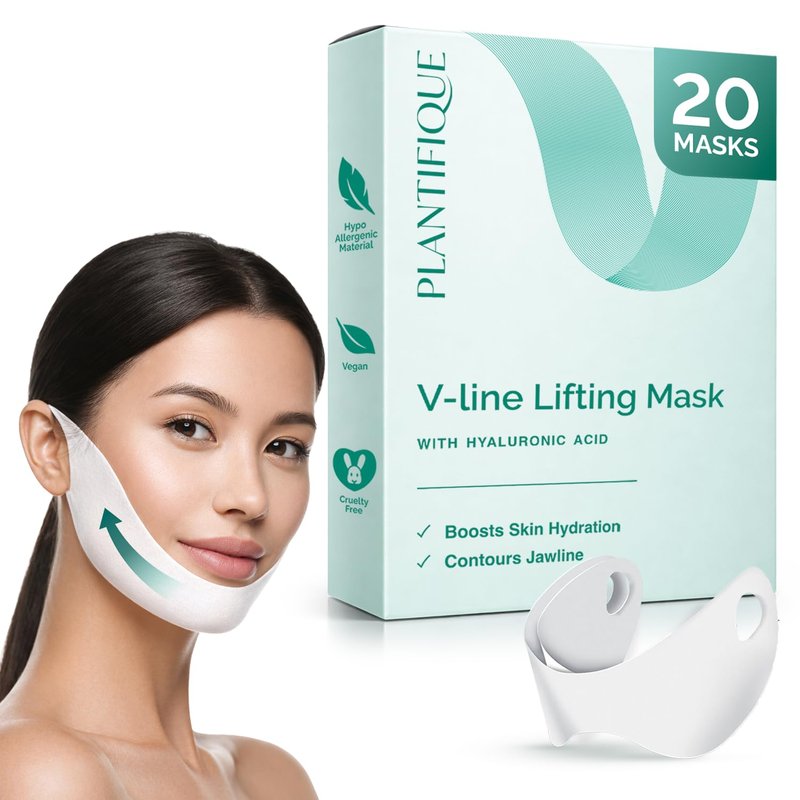 PLANTIFIQUE V-Line Chin Lifting Mask with Hyaluronic Acid & Aloe Vera, 20 Pcs - Double Chin Reducer, Jawline Shaper, Neck Firming and Tightening