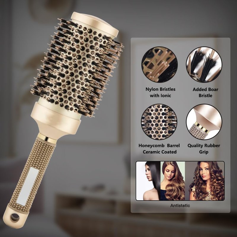 Curly Hair Brush Set - 8Pcs Round & Paddle Brushes for Women | Detangling Wet Long Thick Hair & Spray Bottle (Golden)