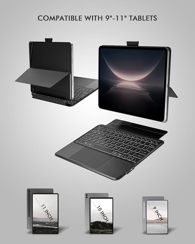 Universal Keyboard Case for 9-11 Inch Tablets, Dual Bluetooth Detachable Keyboard for Android Tablets/iPads/Galaxy Tabs, Magnetic Backlit Keyboard with Washable Adhesive Mount&Any-Angle Stand&Trackpad