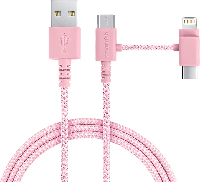 Smartish USB-C/Lightning Cable 17/16/16e/15/14 - Crown Joule - 6 Foot Universal Fast Fabric Wrapped Charging Cable w/Micro-USB - MFi Certified 13/12/SE/iPad/AirPods/Android - Pink