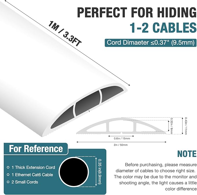 Floor Cord Cover, Cable Protector, 0.63W x 0.31H inches, Wire Cover for Extension Cords, Floor Cable Covers Prevent Cable Trips (White, 50-3.3 Feet)
