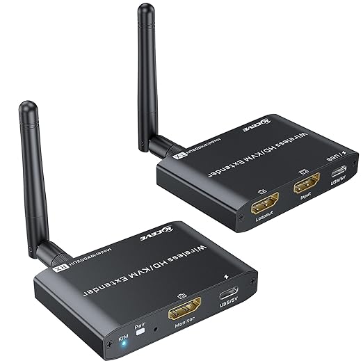 KCEVE HDMI KVM Wireless Transmitter and Receiver 200M/660FT, HDMI USB KVM Extender 1 PC 2 Monitors Share Keyboard and Mouse, Loop Out, 1080P@60Hz,with 2 USB Cables