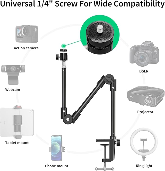 Webcam Stand Camera Desk Mount with Phone Holder & 5/8" Screw - 22" Flexible Projector Stand Gooseneck Desk Mic Stand for Logitech C922 C930e C920 C615 C960 Brio 4K, GoPro, Blue Yeti Snowball Ice