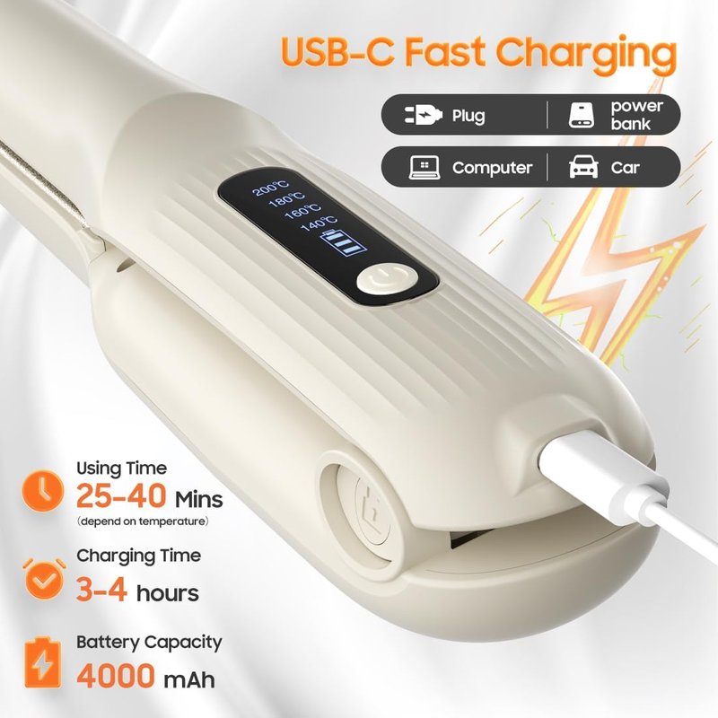 Cordless Hair Straightener - Portable 2-in-1 Flat Iron for Travel | Lightweight, Fast USB-C Charging, 4000 mAh Battery (White)