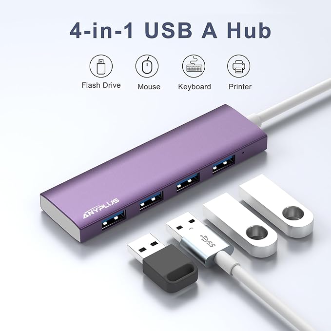 ANYPLUS USB Hub, USB 3.0 Hub Aluminum Alloy Ultra Slim USB Splitter, Portable 4 Port USB Extender, USB Hub for Laptop, PC, MacBook, iMac, Surface Pro, Mac Pro, Flash Drive, XPS 【Purple】