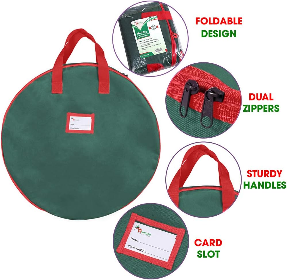 Primode Christmas Wreath Storage Bag - 24" Artificial Wreath Container with Dual Zipper & Sturdy Handles | 2-Pack, Green