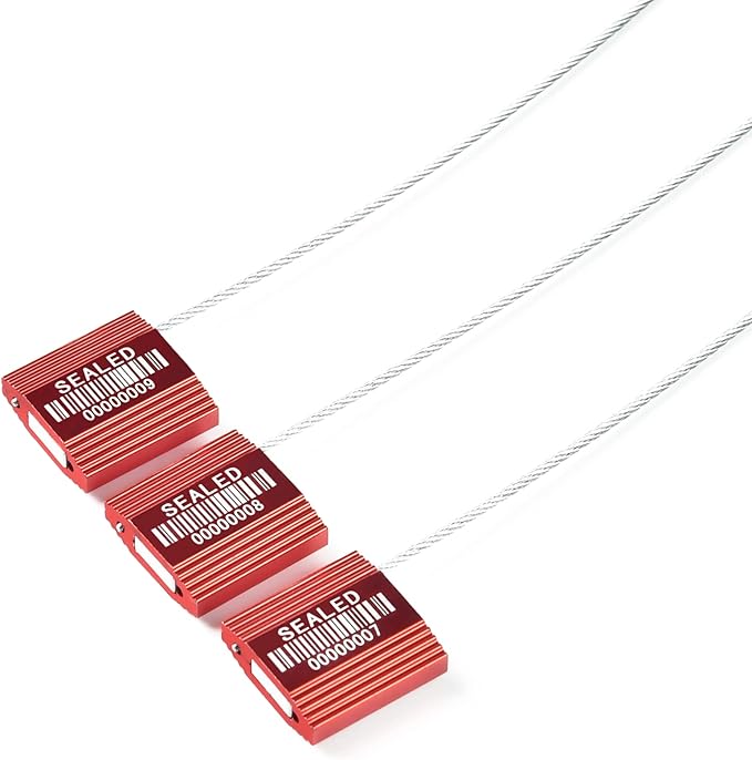 LeadSeals 100 Red Steel Cable Seals With Barcode - High Security Numbered Truck Anti-Tamper Pull Tite Tags - Metal Container Shipping Self-Locking Safety Ties ISO 17712