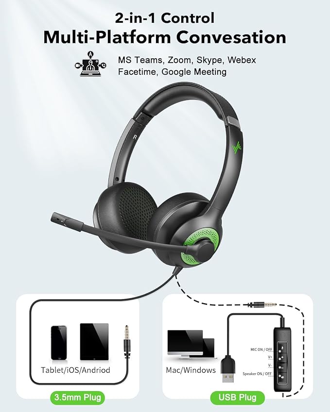 JIAMQISHI USB Headset with Mic for PC, On-Ear Computer Laptop Headphones with Noise Cancelling Microphone in-line Control for Home Office Online Class (USB+3.5mm, Green)