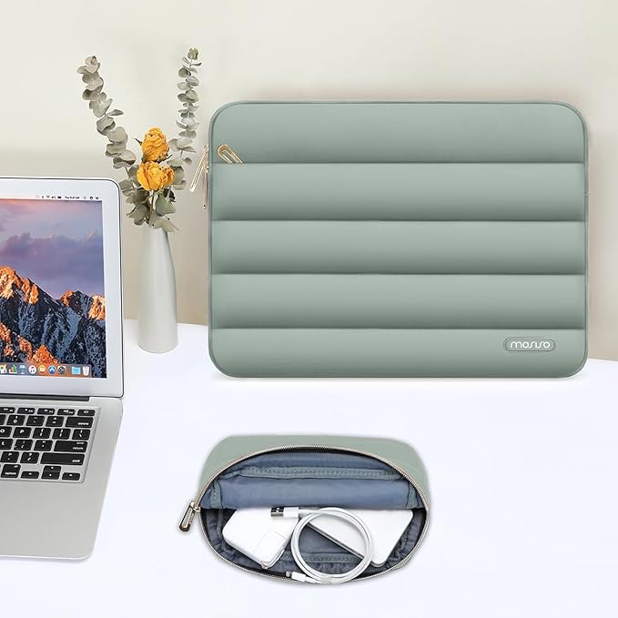 MOSISO Laptop Case 13.3 inch,13-13.3 inch Puffy Laptop Sleeve Compatible with MacBook Neo/Air 13.6 M5 M4 M3 M2 M1/Pro 13/14,HP Dell ASUS Lenovo,Polyester Horizontal Bag with Small Case,Antique Green