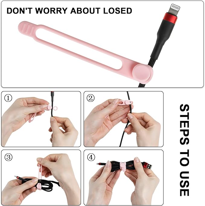 Nearockle 16Pcs Silicone Cable Ties Cord Organizer for Bundling Earphone, Phone Charger, Computer Cords, Reusable Wire Cable Management in Home,Office,Kitchen,School,Travel (Pink)
