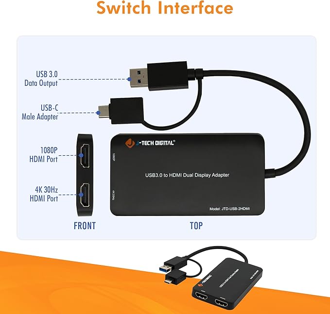 J-Tech Digital USB 3.0 (Type A/C) to Dual HDMI 4K 30Hz & 1080P 60Hz Display Adapter | Features USB-A or USB-C Inputs, USB Powered, Mirror, Extend, Rotation, Clamshell Modes [JTD-USB-2HDMI]