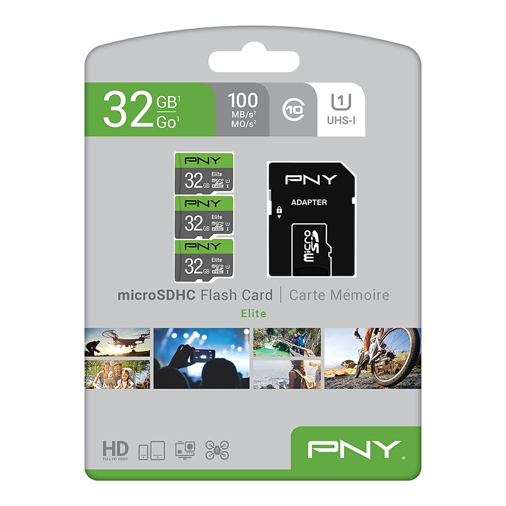 PNY 32GB Elite Class 10 U1 microSDHC Flash Memory Card - 100MB/s, Class 10, U1, Full HD, UHS-I, Micro SD (Pack of 3)