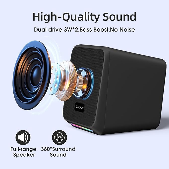 Uakinat Computer Speakers,with 7 Colorful RGB Lights, Headphone Jack, Enhanced Bass and Volume Control, PC Speakers USB Powered Gaming Speakers for Laptop Monitor PC Tablet Phone