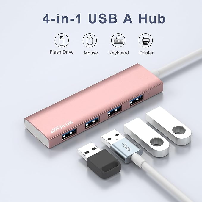 ANYPLUS USB Hub, USB 3.0 Hub Aluminum Alloy Ultra Slim USB Splitter, Portable 4 Port USB Extender, USB Hub for Laptop, PC, MacBook, iMac, Surface Pro, Mac Pro, Flash Drive, XPS 【Pink】
