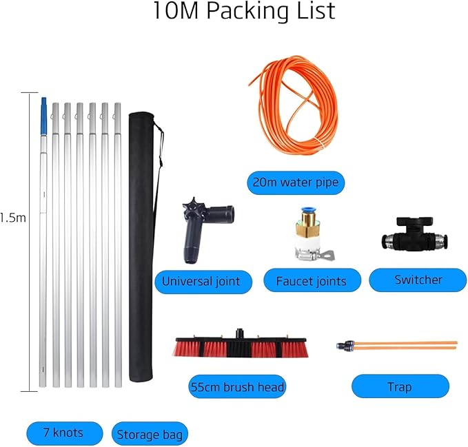 Photovoltaic Panel Window Cleaning Telescopic Pole, Water Fed Extendable Brush, Suitable for Cleaner Conservatory Roof Photovoltaic Panel Cleaning, 10poles 55brush Head