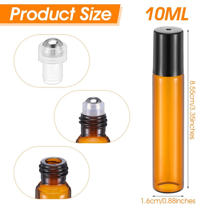 mekueeex 100 Pcs Essential Oil Roller Bottles 10ml Empty Glass Roller Bottles with Stainless Steel Balls Protection Leakproof with 5 Funnel for Travel Perfume Lip Gloss (Brown)