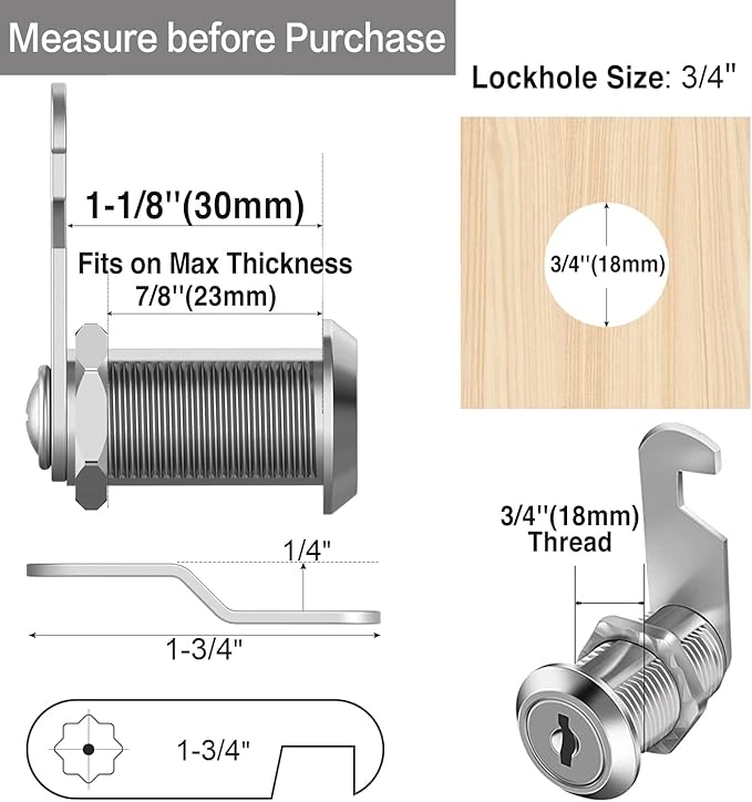 Sartatue Cabinet Cam Locks Keyed Alike, 1-1/8'' Fits on7/8'' Max Door Thickness, Secure File Drawer Mailbox RV Storage Replacement Set, Zinc Alloy (1-1/8 Inch 6Pcs)