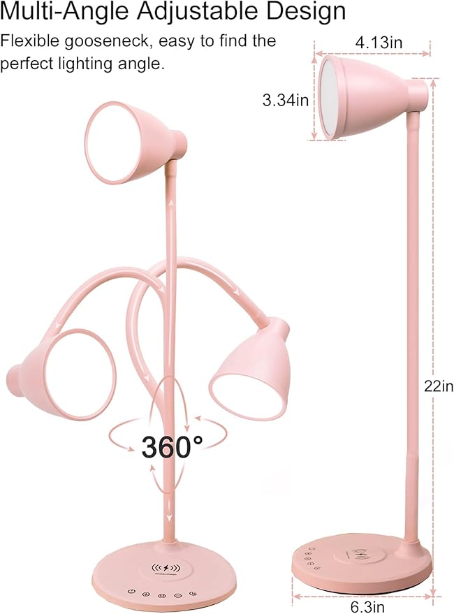 BOHON Cute Pink Aluminum Desk Lamp with USB C+A Charging Ports, Wireless Charger, 5 Colors Stepless Dimming, Touch Control, Memory Function, LED Light for Home Office College Dorm Room