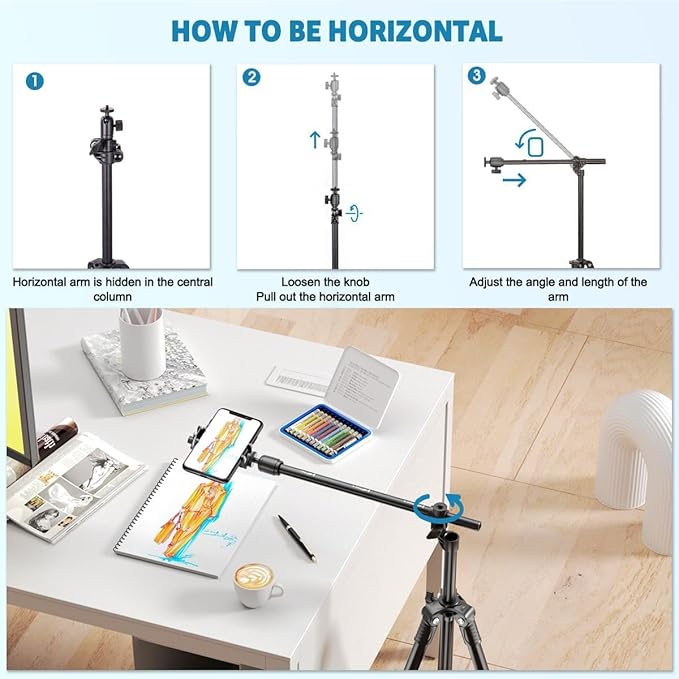 Phone Tripod, Arsoer 67" Adjustable Height Tripod with Horizontal Column and Removable Clip Mount for Overhead Shot, 360° Rotation Stand with Wireless Remote/Carry Bag