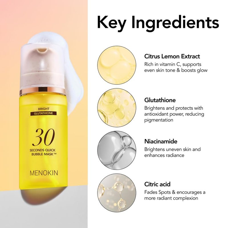 MENOKIN 30 Seconds Quick Bubble Mask [BRIGHT] - [Vitamin C] [Glutathione & Niacinamide] in Micro-bubbles for Dark Spots, Uneven Skin Tone, Korean Skin Care Essential, 50 Uses, 2.36 fl.oz