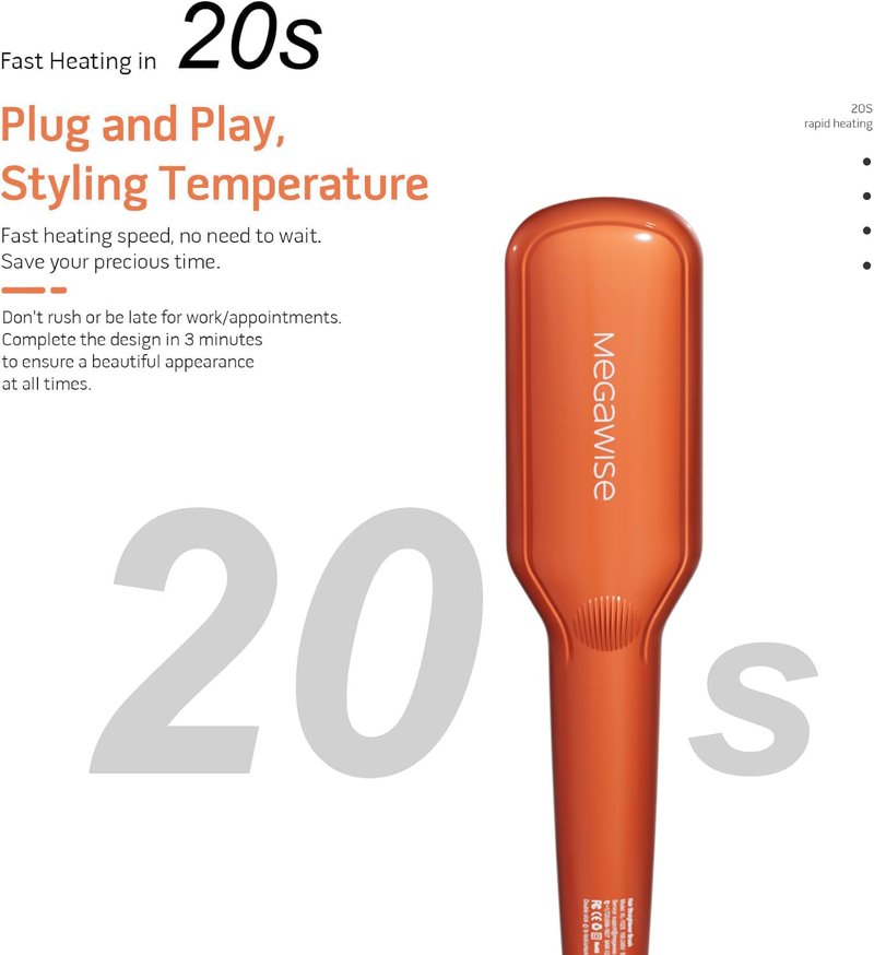 Hair Straightener Brush - Ceramic Ionic Heated Brush for Frizzy & Thick Hair | 20s Heat-Up, Anti-Scald, 360° Swivel Cord, Vibrant Orange