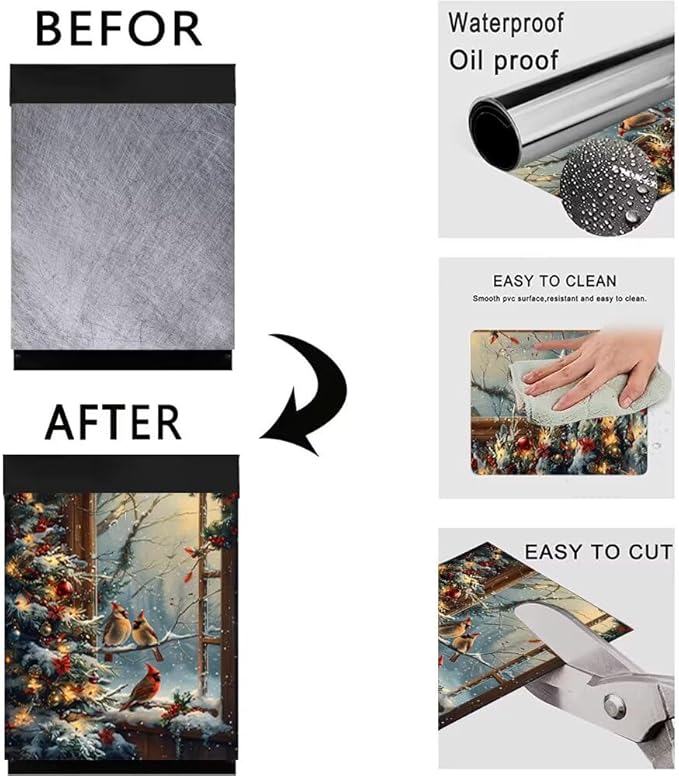 Christmas Tree and Birds Dishwasher Face Cover Magnetic,Magnetic Dishwasher Decorative Winter Snow Landscapes Stickers,Window Art Magnetic Dishwasher Sticker,Fridge Door Cover,23Wx26H
