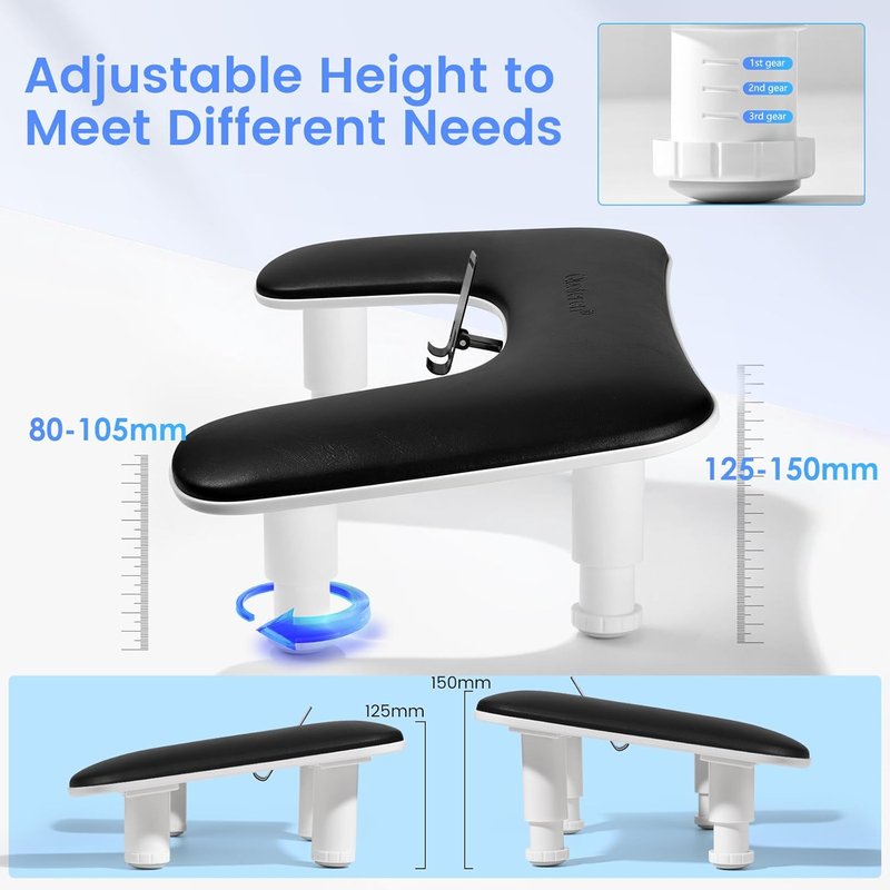 Manicure Nail Arm Rest - 3rd Gen Adjustable U-Shaped Hand Pillow with Rotating Phone Stand | Black