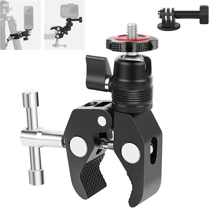 Mechrig Super Clamp Camera Mount with 360° Mini Ball Head, Aluminum Desk Tube Crab Clamp for Monitor/Light/Mic, Bike/Motorcycle Handlebar Mount for Go Pro/Insta360/DJI Action Camera (SY012)