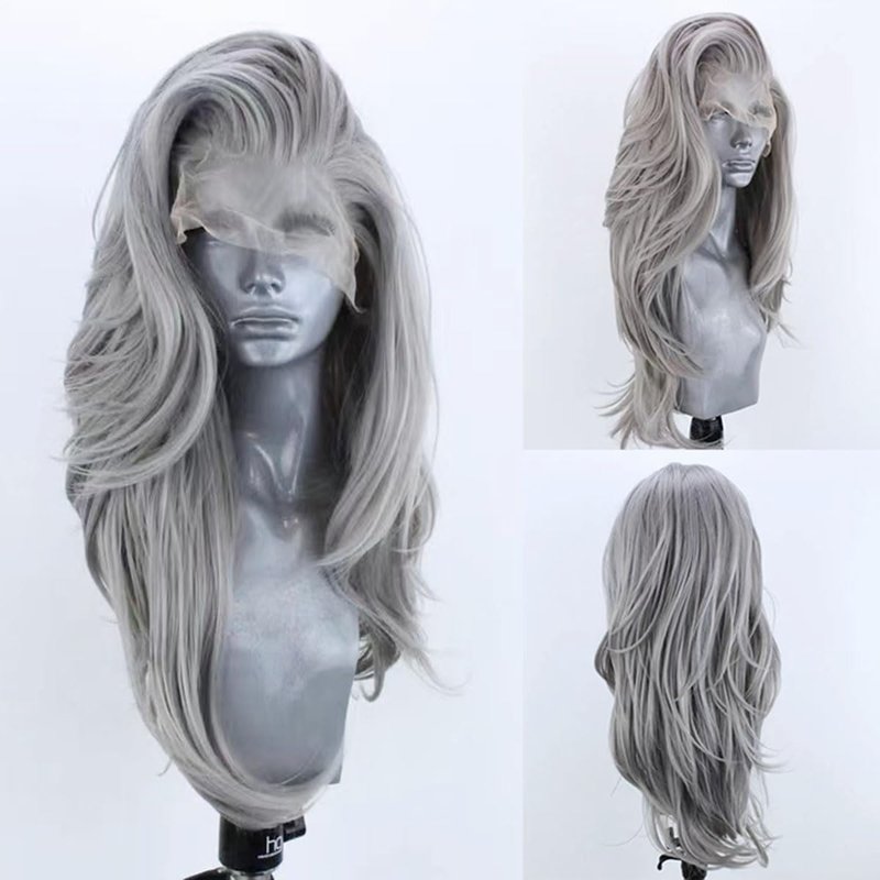 COCOFANS Silver Wigs for Women Free Part Long Natural Wave Lace Font Wigs Slightly Wave Wig Heat Resistant Synthetic Lace Wig Light Grey Daily Wear Wigs