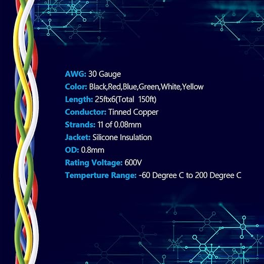 Fermerry 30 AWG Stranded Wire Spool 25ft Each 6 Colors Flexible 30 Gauge Silicone Hook up Wire Kit Electrical Tinned Copper Wire