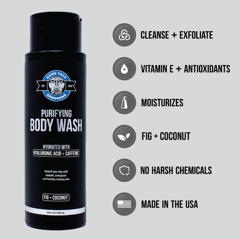 Game Face Grooming Body Wash – Men’s 12 Fl Oz Shower Gel | Cleanses, Exfoliates, And Hydrates Your Skin And Face| Plant Based And Sulfate Free | Fig & Coconut Scent