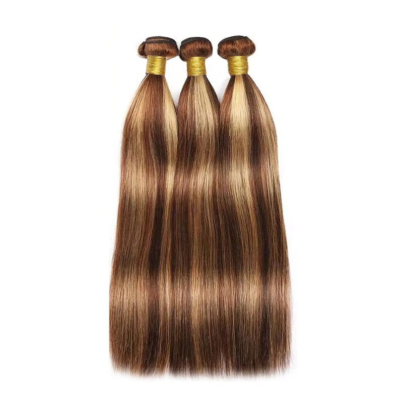 P4/27 Bundles Human Hair 4/27 Straight Bundle Ombre Human Hair Bundles 14 14 14 Inch Soft And Healthy Unprocessed Brazilian Remy Hair Extensions Honey Brown Bundle 3Pcs/Set