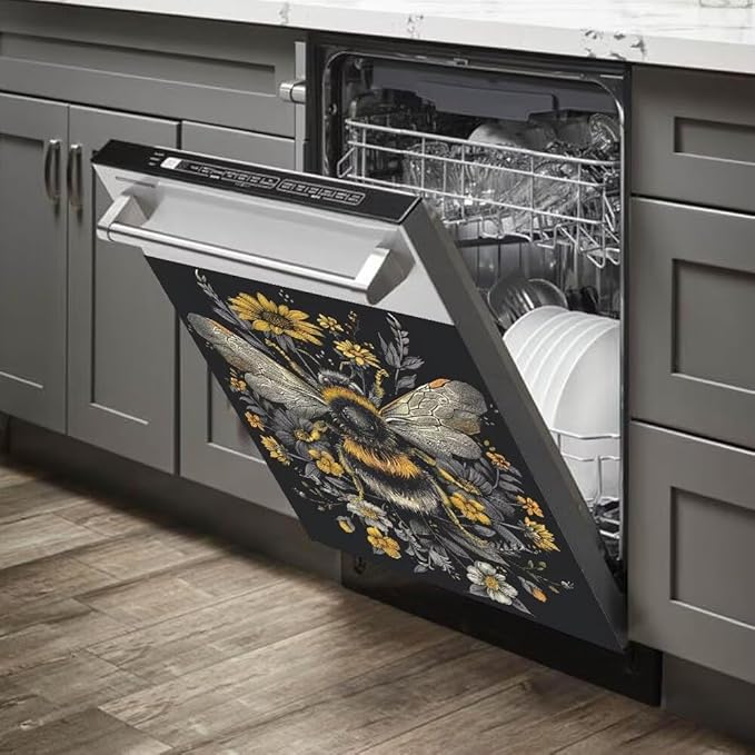 Flower and Bee Painting Dishwasher Magnet Cover Sticekr - Kitchen Decorative Fridge Panel Decal - Kitchen Appliances Decorate Sticker - 23W x 17H inchs