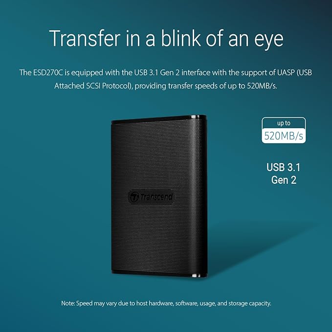 Transcend ESD270 250GB External SSD for iPhone16/15/iPad/Mac/Windows/Android, PC/Laptop/Tablet/TV/Game Console, Portable SSD with One Touch Back up, One-Time Password Unlock, Type A &Type C Cables