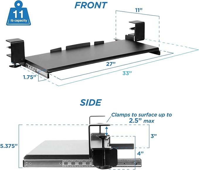 Mount-It! Keyboard Tray Under Desk, Clamp-On No-Drill Slide-Out Keyboard Drawer with Mouse Platform, 27" x 11" Ergonomic Keyboard Tray for Home Office, Fits Desks up to 2.2" Thick