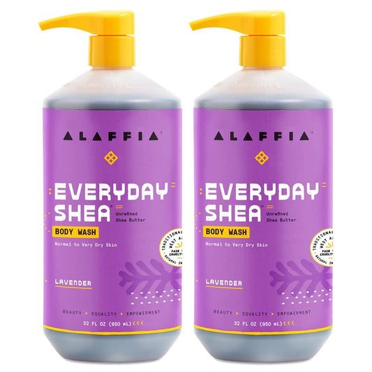 Alaffia Body Wash, EveryDay Shea, Lavender 2-Pack – Gentle Skin Cleanser, Shower Gel for Normal to Very Dry Skin, 32 Oz Ea