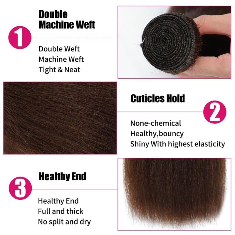 16 Inch Chocolate Brown Kinky Straight Bundles Human Hair 12A Grade 100% Unprocessed Brazilian Virgin Human Hair Weave Yaki Straight Bundles Brown